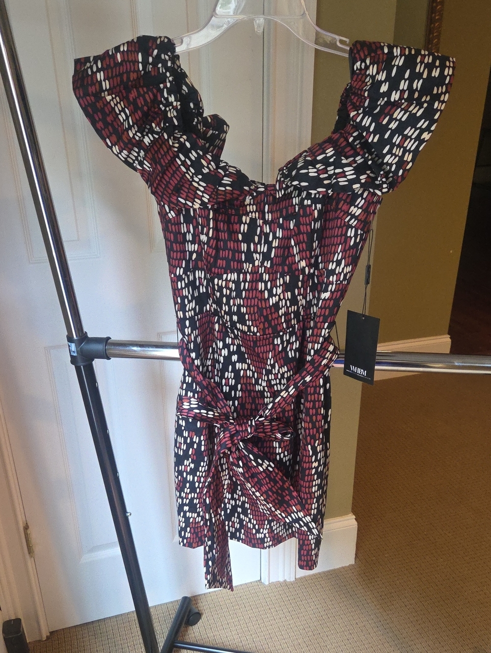 White House Black Market Black and Burgundy Printed Off-Shoulder Mini Dress